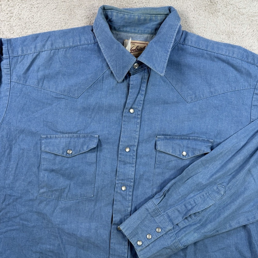 Vintage Woolrich Shirt Mens 2XLT Blue Denim Pearl Snap Western Long Sleeve Rodeo